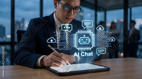 Professional businessman interacting with a futuristic AI Chat holographic interface using a digital tablet in a modern corporate office setting