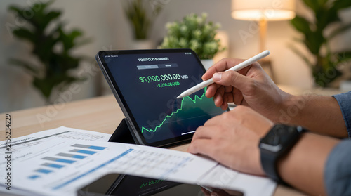 A professional investor analyzing financial stock market charts and cryptocurrency portfolio growth data on a modern digital tablet device