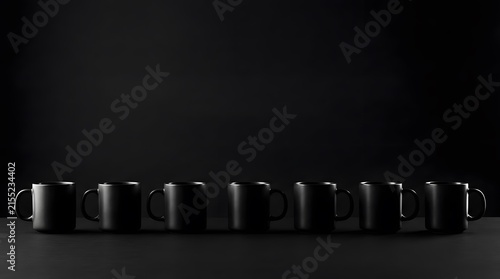 A strikingly minimalist composition featuring a row of dark cylindrical objects against a black backdrop creating a sense of mystery and modern elegance evoking