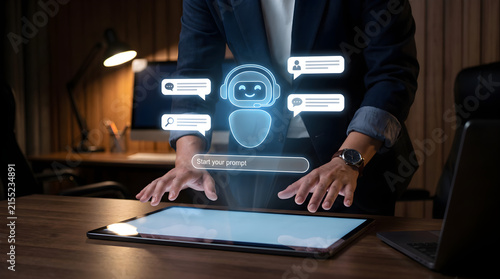 Business person interacting with an advanced AI chatbot hologram emerging from a modern digital tablet in a professional workspace