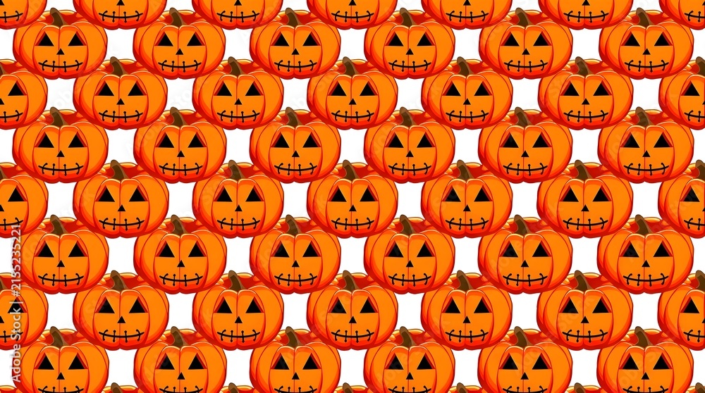 Fototapeta premium Seamless halloween pattern of orange carved jack-o-lantern pumpkins with scary face expressions repeat background for wrapping paper wallpaper textile design.