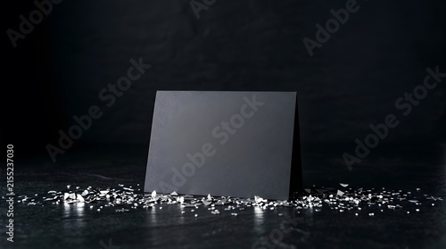 This dimly lit minimalist image showcases a stark white rectangular prism resting on a reflective surface evoking a sense of mystery and modern artistic