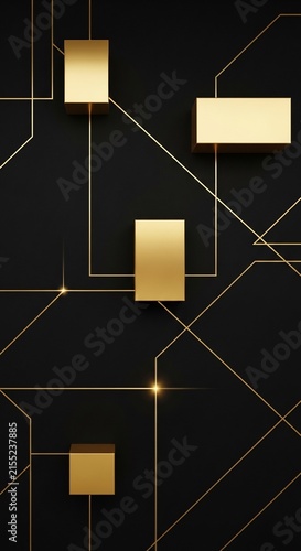 Gold rectangles floating on black background with geometric lines