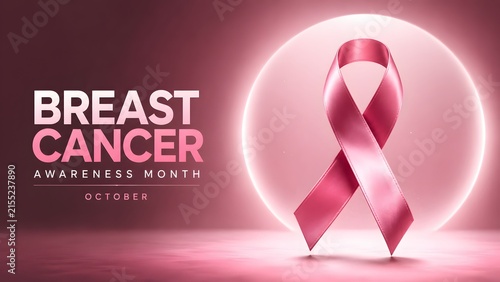 A symbolic pink ribbon representing breast cancer awareness month displayed against a glowing circular background for medical health campaigns