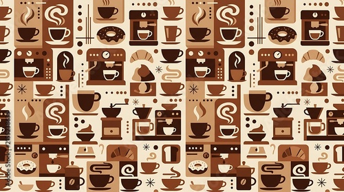 Seamless pattern of coffee icons and cafe equipment in brown tones