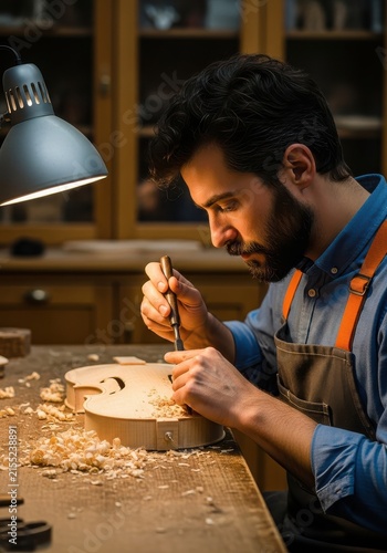 Professional Luthier Crafting a Handmade Violin in a Traditional Woodworking Workshop with Precision Tools