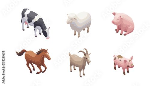 Isometric Farm Animals Vector Set Featuring 3D Cow, Sheep, Pig, Horse, and Goat Elements for Agriculture Gaming, Infographics, and Rural Branding Graphic Designs