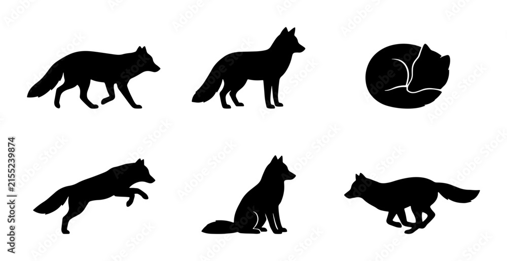 Fototapeta premium Fox Silhouettes Set, Wild Animal Vector Icons, Woodland Creature Graphics, Nature Wildlife Collection