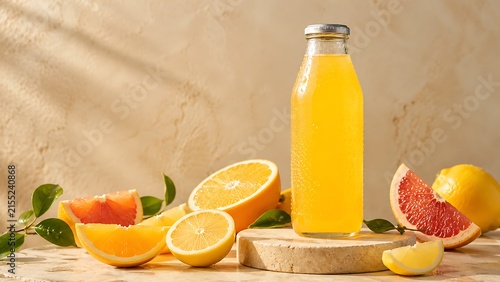 Premium citrus wellness beverage bottle on travertine pedestal with fresh lemon, orange and grapefruit slices, natural sunlight and luxury functional drink branding