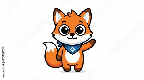 Cute cartoon fox character wearing blue scarf waving hello with character