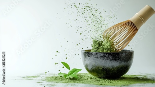 Matcha powder air isolated on white background,superfood powder,diet and healthy life,green tea powder,Japanese tea leaves,popular menu trendy, wellness concept.