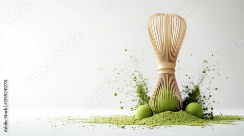 Matcha powder air isolated on white background,superfood powder,diet and healthy life,green tea powder,Japanese tea leaves,popular menu trendy, wellness concept.