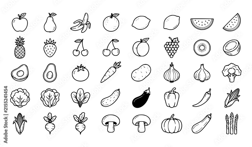 Obraz premium Hand Drawn Fruit and Vegetable Outline Icon Set – Black and White Vector Collection