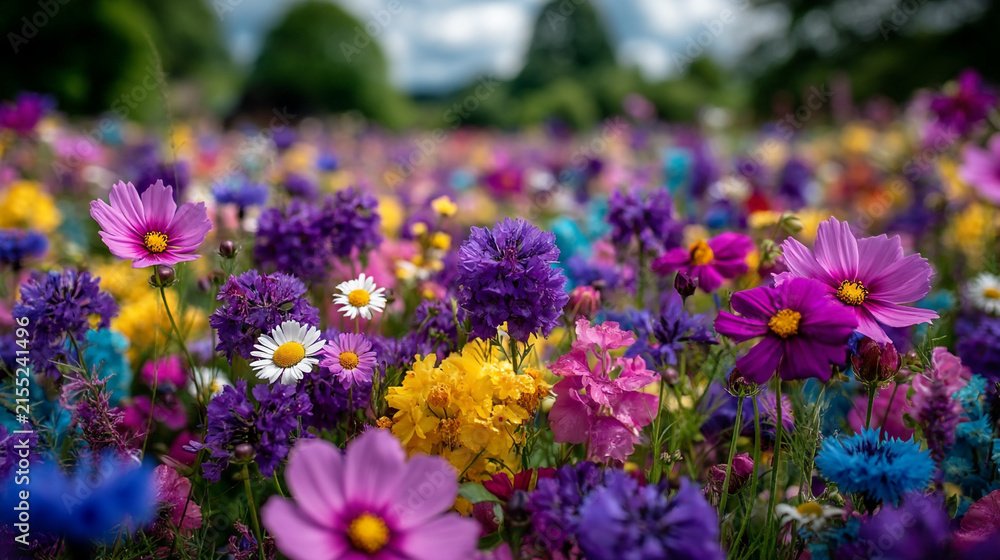 Fototapeta premium A colorful field of blooming cosmos wildflowers under a cloudy blue summer sky with blooming