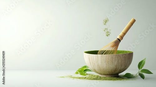 Matcha powder air isolated on white background,superfood powder,diet and healthy life,green tea powder,Japanese tea leaves,popular menu trendy, wellness concept.