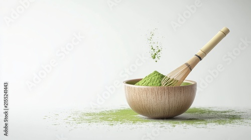 Matcha powder air isolated on white background,superfood powder,diet and healthy life,green tea powder,Japanese tea leaves,popular menu trendy, wellness concept.