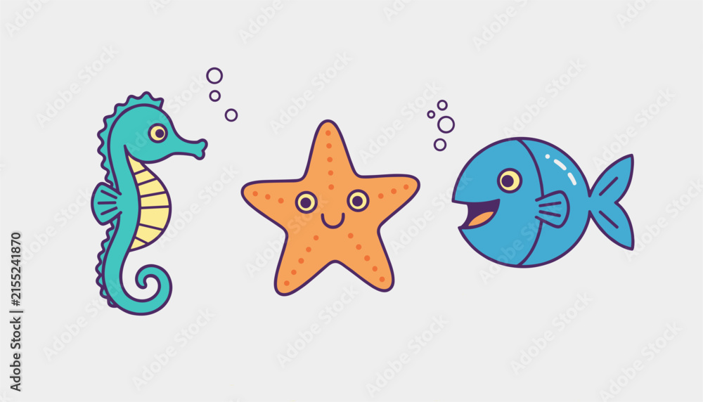 Obraz premium Cute underwater scene featuring a smiling seahorse, a cheerful starfish, and a blue fish with water bubbles.