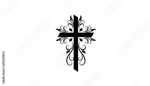 Elegant Christian cross symbol adorned with black classical floral scroll patterns and filigree on white background.