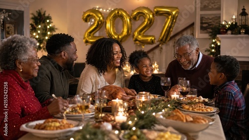 multigenerational family joyfully celebrates New Year's Eve 2027 with a festive dinner surrounded by candles and decorations.