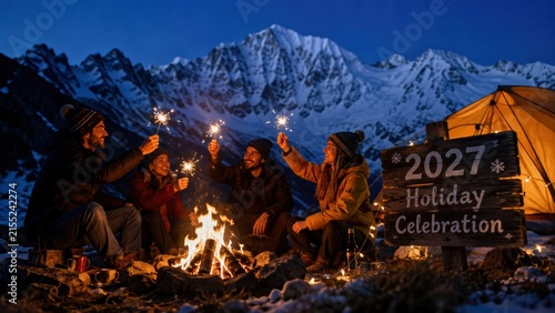 Four friends celebrating the 2027 holiday around a campfire at night with sparklers, snowy mountains, and a tent in the background.
