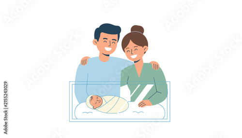 Proud young mother and father smiling warmly as they look at their newborn baby sleeping in a hospital glass crib.