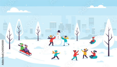 Cheerful group of happy children playing in a snowy park, building a snowman, sledding, and having a snowball fight.