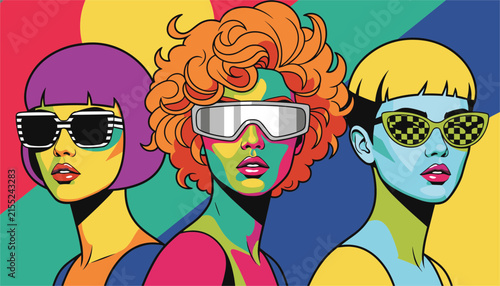 Vibrant retro-pop art illustration of three women with colorful hair wearing stylish futuristic sunglasses.
