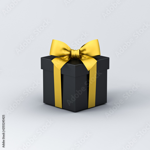 Black gift box or black present box with gold ribbon and bow isolated on white gray background with shadow minimal black friday sale conceptual 3D rendering