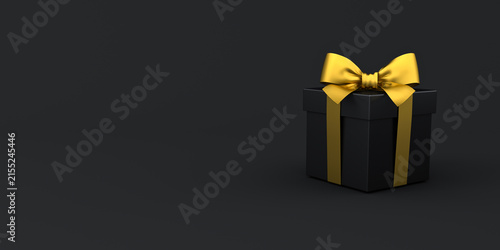 Black gift box or black present box with gold ribbon and bow isolated on dark black background with blank copy space minimal black friday sale conceptual 3D rendering