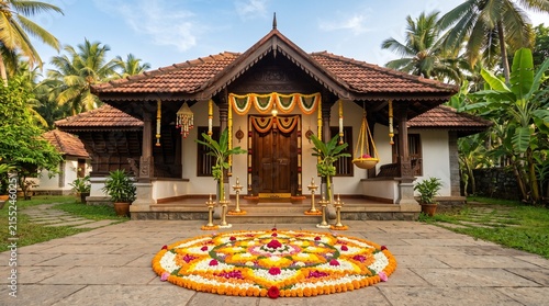 Front view of a traditional Kerala home tharavadu decorated for Onam festival with marigold flower garlands, banana plants, brass oil lamps, and a colorful pookalam in the stone courtyard.