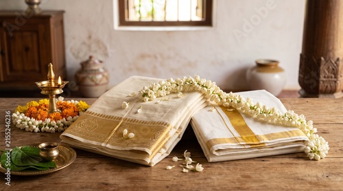 Folded traditional Kerala Kasavu saree with ornate gold zari border and matching mundu displayed on a wooden table with fresh jasmine garland and brass oil lamp.