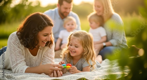 Happy family with small children sitting on picnic blanket in field.