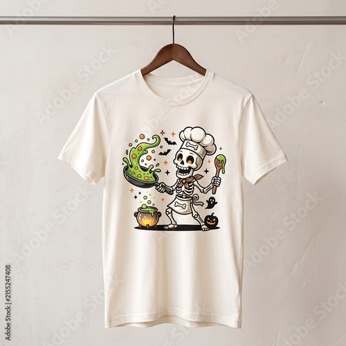 Halloween chef skeleton t-shirt design, spooky cooking illustration, cartoon skull character, seasonal graphic apparel, creative holiday print for designers, fun costume theme