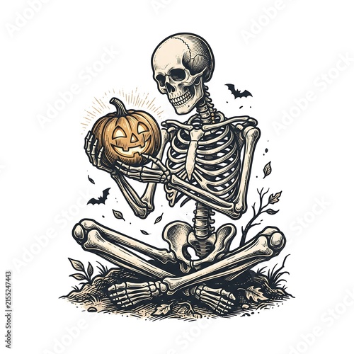Vintage Skeleton Holding Jack-o-lantern Pumpkin, Retro Halloween Illustration, Spooky Bone Character with Glowing Carved Gourd, Scarabengs Style, Decorative Print Element, Orange and Black