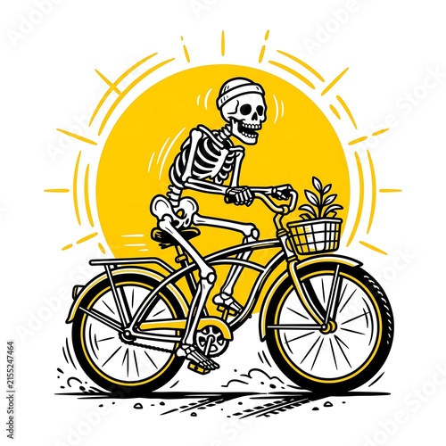 Skeleton Riding Bicycle in Yellow Sunset. Retro Comic Illustration of Bone Man Cycling with Basket and Plant. Hilarious Halloween Graphic. Vintage Style. Vector Art.