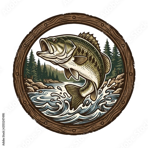 Vintage largemouth bass fishing emblem, jumping fish in wood frame, retro wilderness lake scene for outdoor apparel and logos
