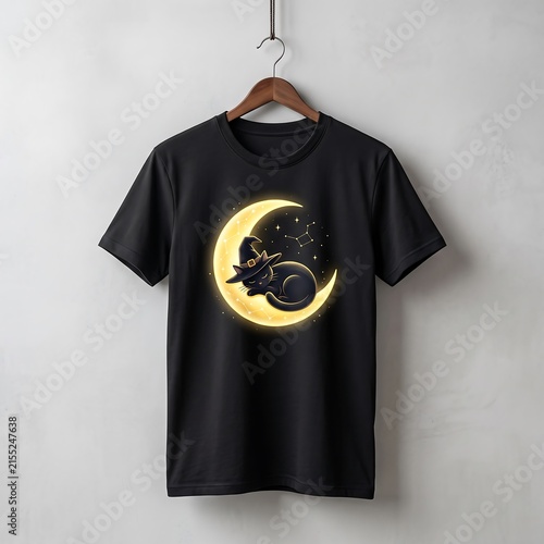 Black cotton t-shirt mockup with witch cat on crescent moon. Graphic apparel hanging on wooden hanger. Minimalist streetwear design.