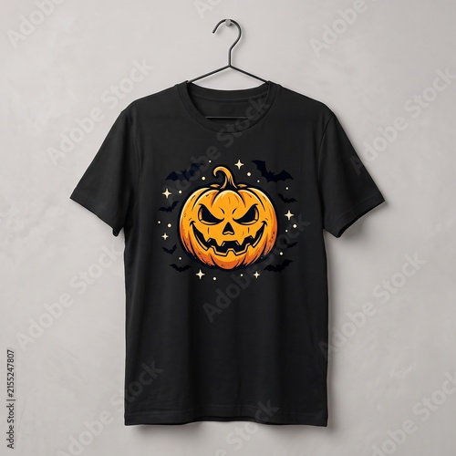 Halloween pumpkin t-shirt mockup, black cotton shirt with spooky jack-o-lantern graphic, apparel design for autumn holiday fashion