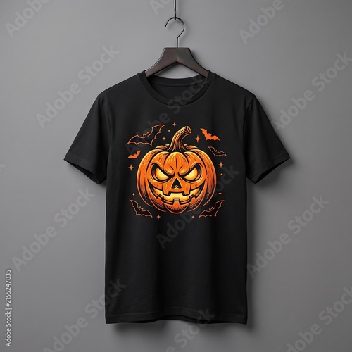 Halloween pumpkin t-shirt mockup, black cotton shirt with spooky jack-o-lantern graphic, apparel design for autumn holiday