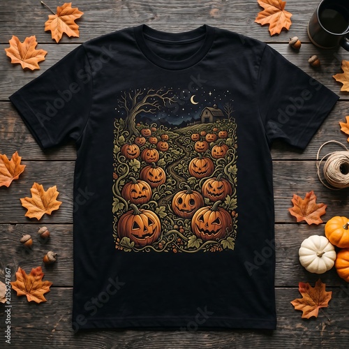 Halloween pumpkin t-shirt mockup, black cotton shirt with spooky jack-o-lantern graphic, autumn flat lay on rustic wood background