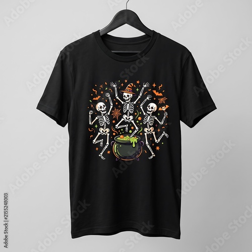 Halloween skeleton t-shirt mockup, black cotton shirt with dancing skeletons, spooky apparel design on hanger