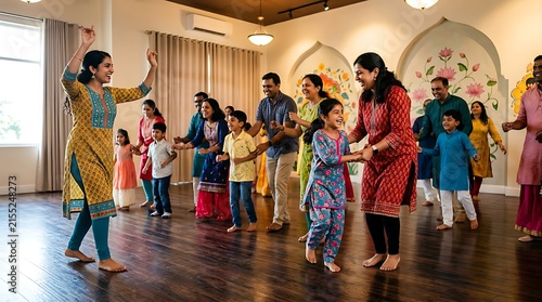 Happy Indian family and friends dancing together during celebration