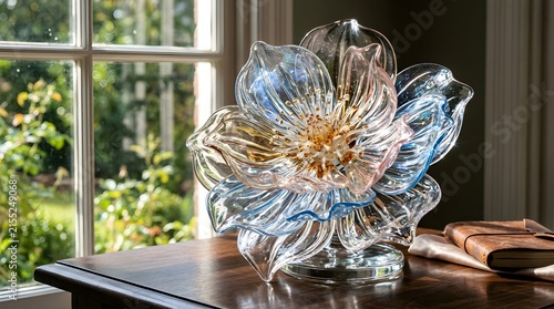 Exquisite handblown glass flower sculpture on wooden table near sunlit window delicate crystal floral centerpiece home decor luxury artistic craftsmanship interior accent glowing soft light
