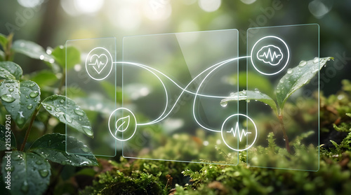 Futuristic Glass HUD Display with Health and Heart Rate Icons Integrated in Lush Green Forest Nature