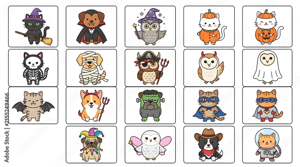 Obraz premium Set of cute cartoon animals in halloween costumes isolated on white background