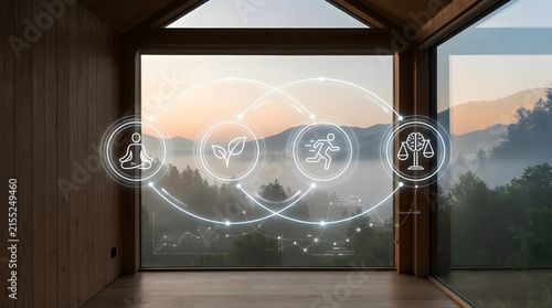 Digital Wellness HUD with Data Graphs Floating in Front of Large Window Overlooking Misty Mountain Forest