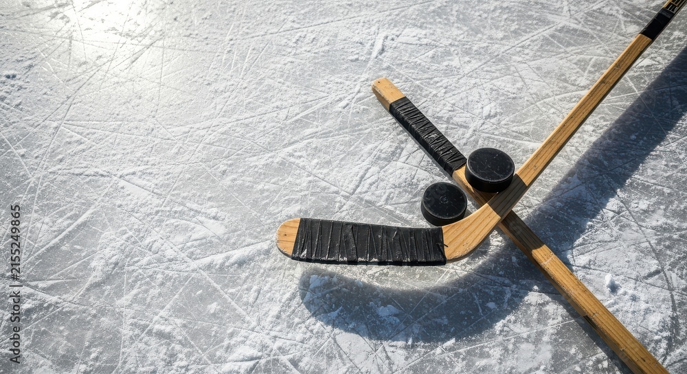 Fototapeta premium Two Wooden Ice Hockey Sticks and Pucks on Scratched Outdoor Rink Surface in Bright Sunlight