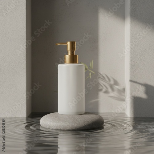Luxury white pump bottle on a stone podium in water with ripples