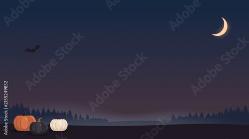 Halloween background with pumpkins a crescent moon and a flying bat in a dark night forest scene