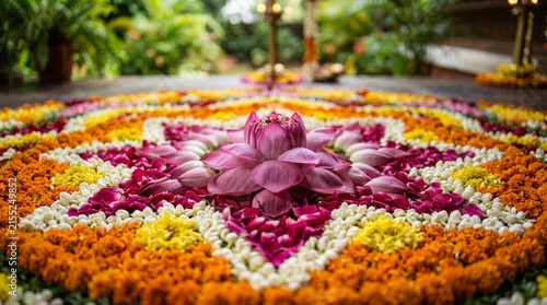 Close-up shot of a traditional Onam pookalam floral carpet decoration featuring a pink lotus flower in the center surrounded by colorful marigold, rose, and jasmine petals on the floor.